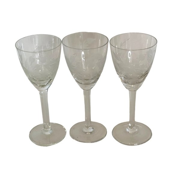 Vintage Etched Floral Crystal Sherry Cordial Glass 5.25" tall x 2.25" Set of 3 - Picture 7 of 15